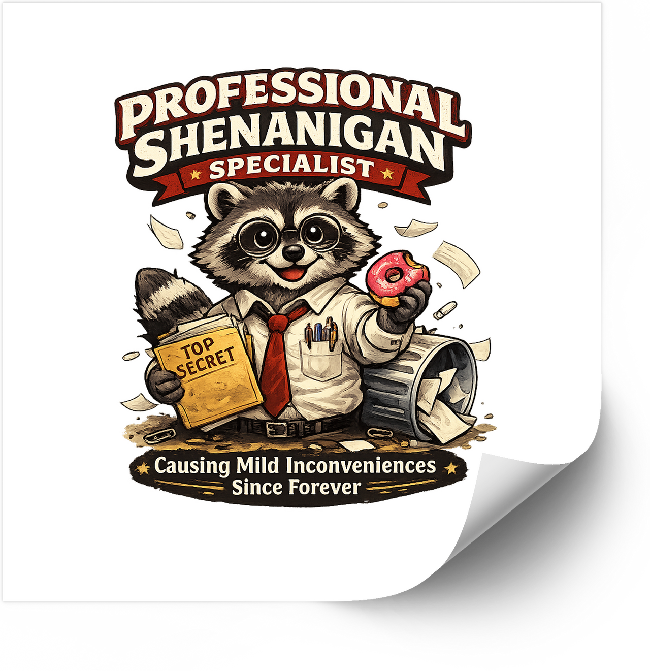 Professional Shenanigan Specialist Sticker | Funny Raccoon Vinyl Decal | Sarcastic Humor Gift