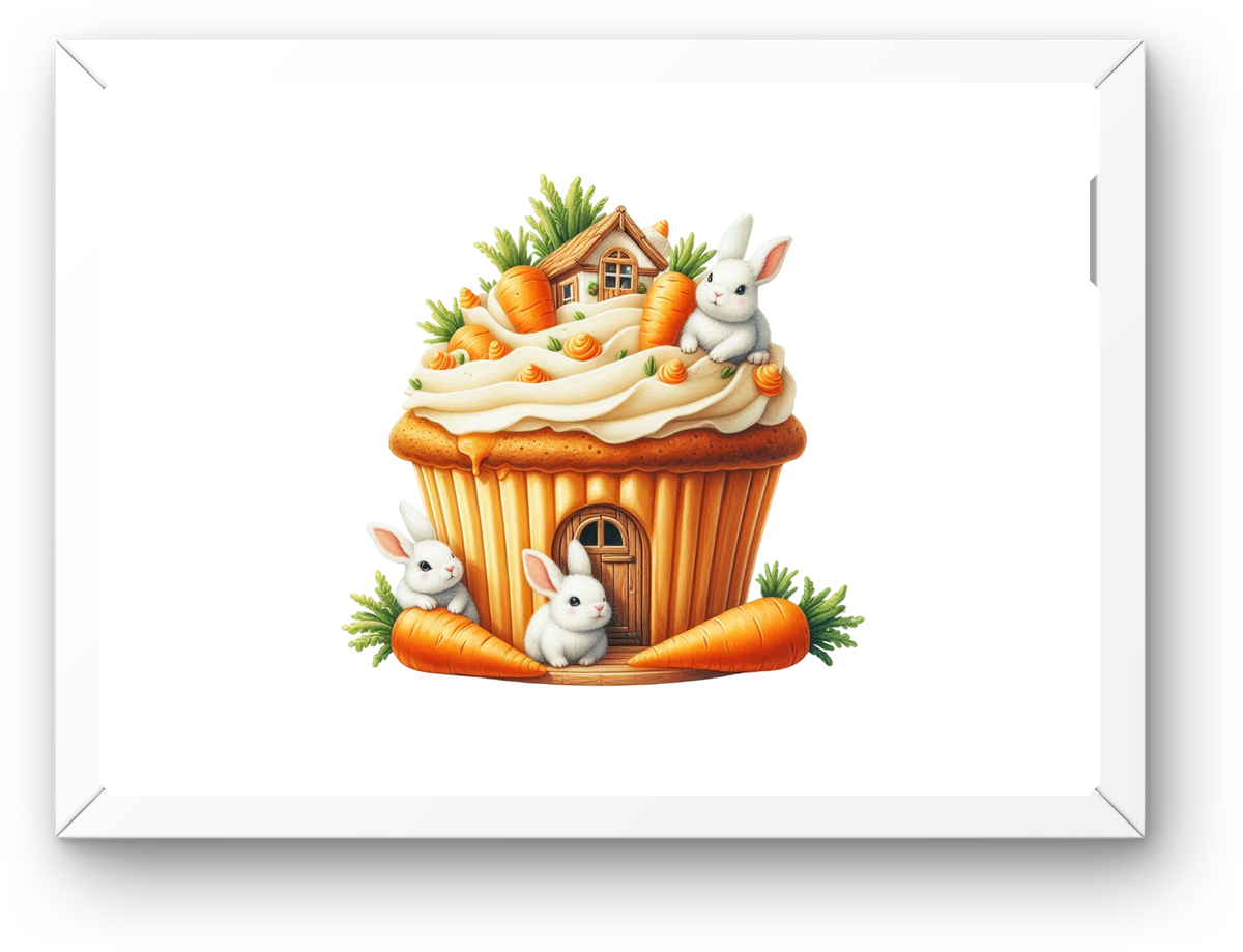 Carrot Cake Bunny House Wall Art | Whimsical Easter Cupcake Print | Nursery Spring Gift