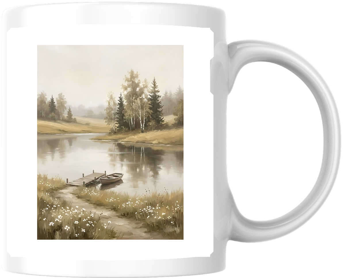 Lakeside Rowboat Mug | Vintage Landscape Coffee Mug | Nature Cabin Gift