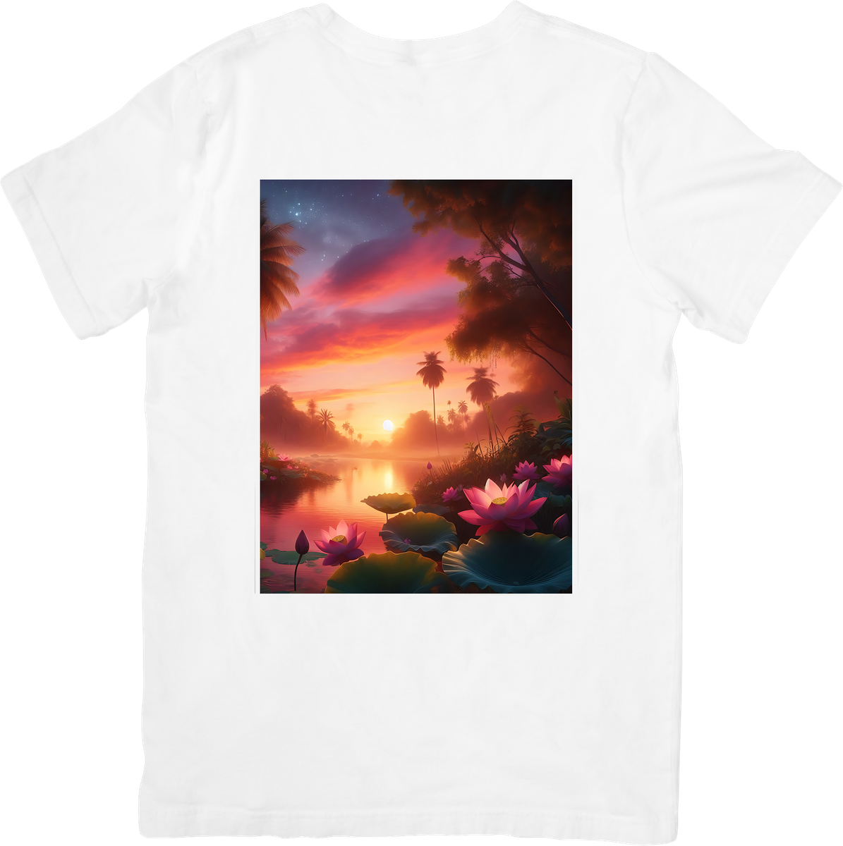 Tropical Lotus Sunset T-Shirt | Dreamy Lagoon Palm Graphic Tee | Nature Lover Gift