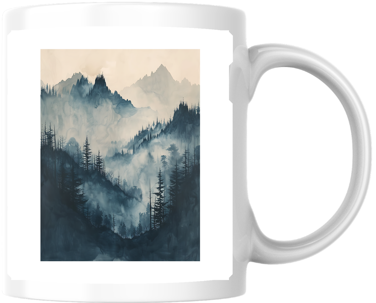 Misty Mountain Forest Mug | Foggy Pine Landscape Coffee Mug | Nature Hiker Gift