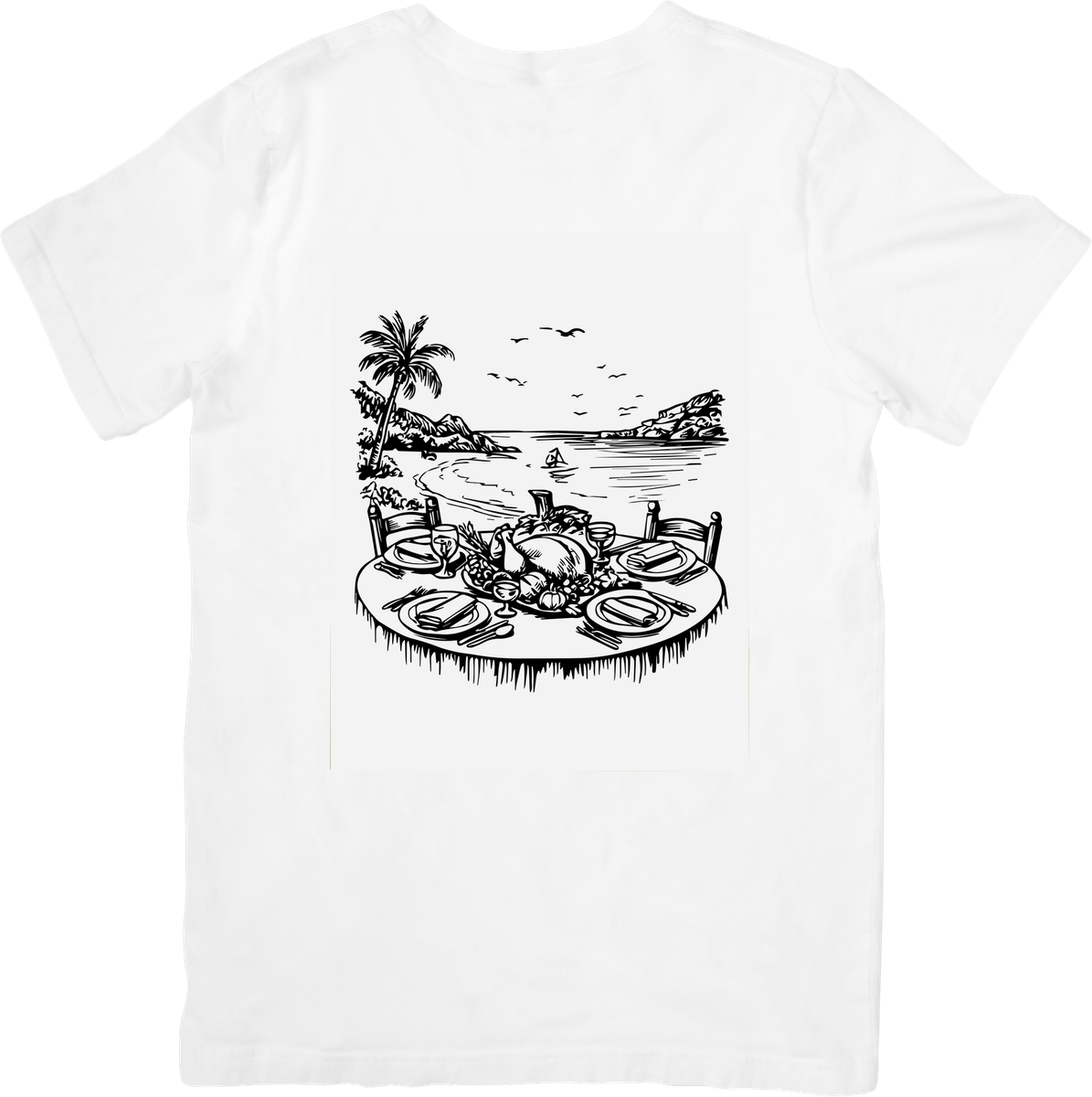 Tropical Beach Feast T-Shirt | Black & White Line Art Graphic Tee | Vacation Gift