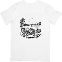 Thumbnail for Tropical Beach Feast T-Shirt | Black & White Line Art Graphic Tee | Vacation Gift
