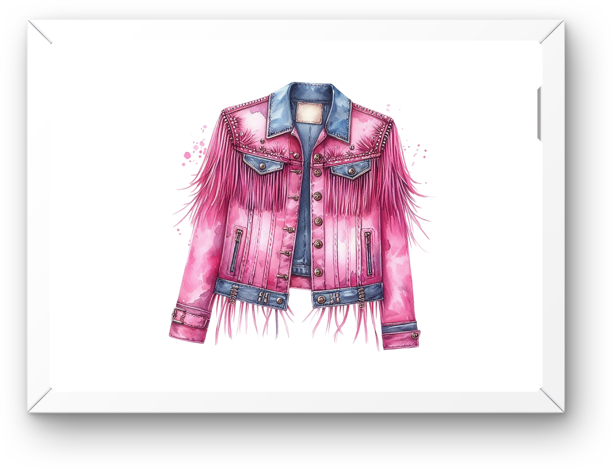 Pink Fringe Denim Jacket Wall Art | Watercolor Western Cowgirl Print | Boho Fashion Gift