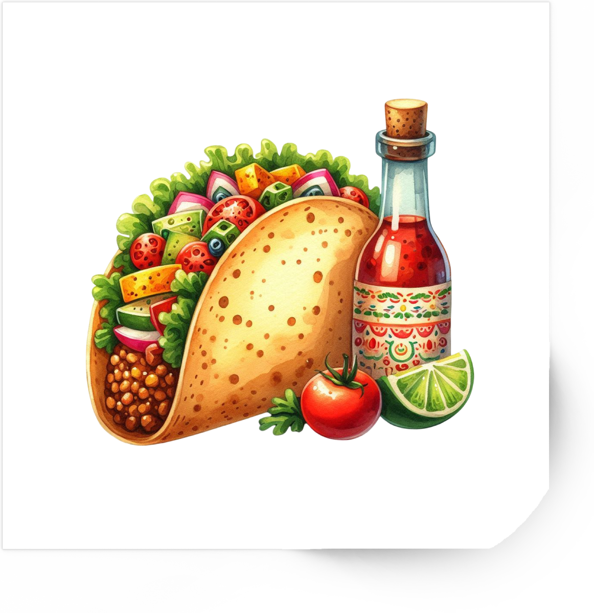 Taco And Hot Sauce Sticker | Watercolor Mexican Food Vinyl Decal | Taco Tuesday Foodie Gift